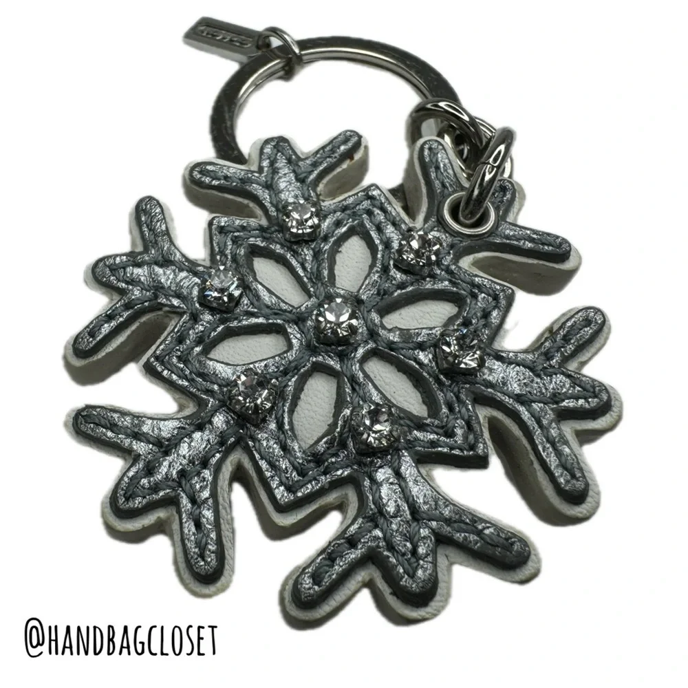 Coach Vintage Leather Gunmetal Snowflake Winter Key Bag Charm Keychain
